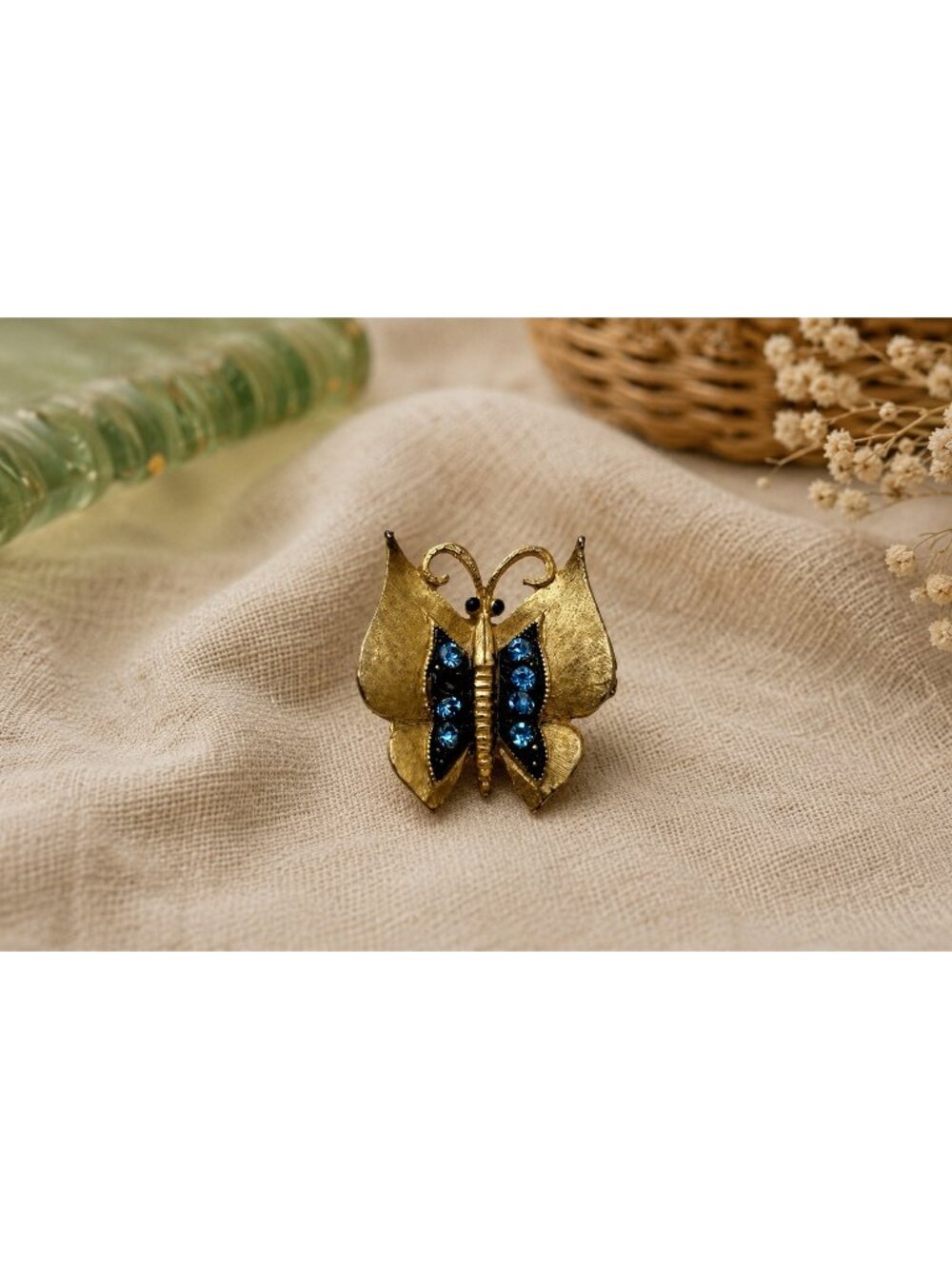 Vintage J.J. Jonette Jewelry Goldtone Blue Rhinestone Miniature Butterfly Brooch